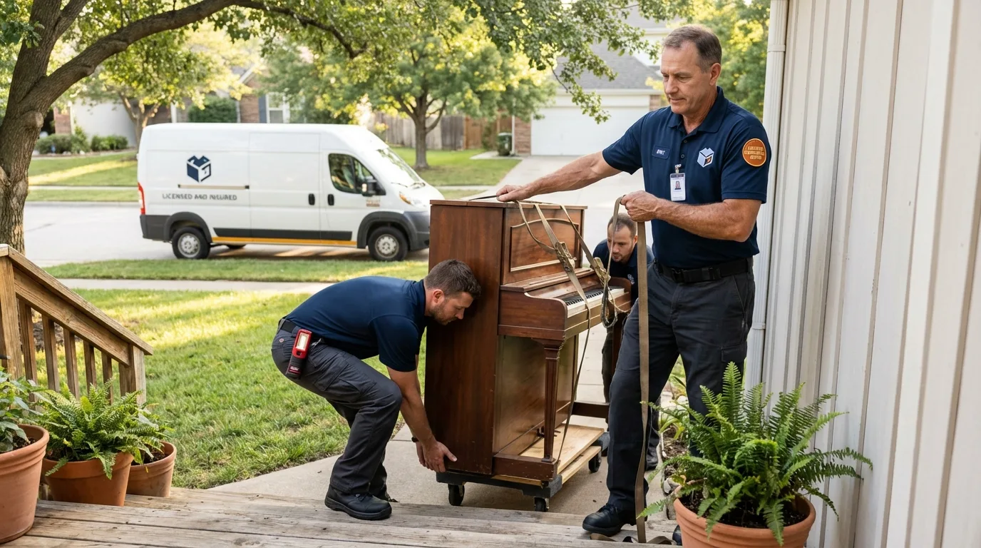 Licensed piano movers securing grand piano in Gainesville, MO