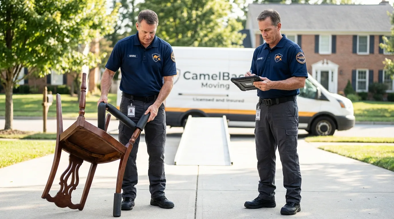 Movers inspecting furniture for damage prevention before loading in Gainesville, MO