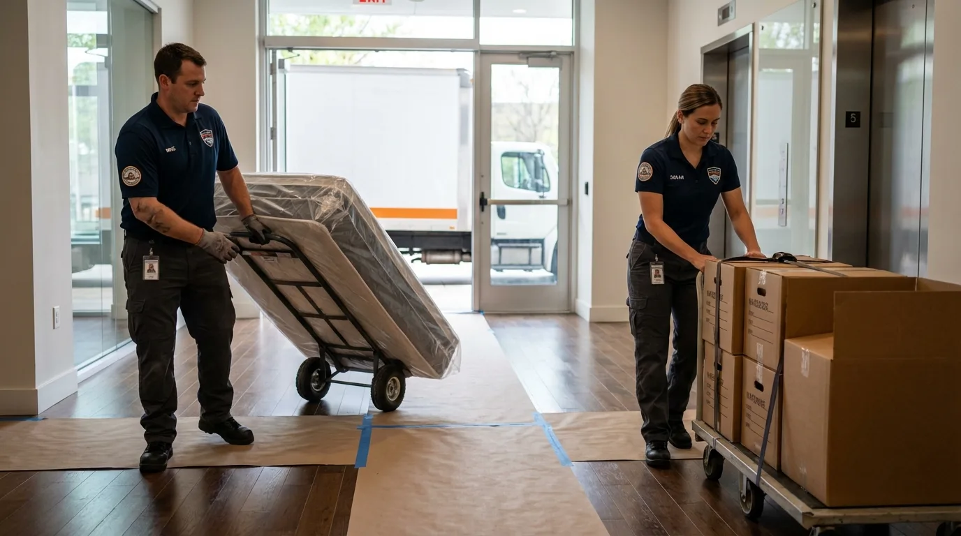 Professional apartment movers loading elevator in Gainesville, MO